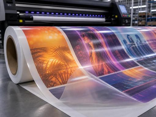 Media hasil digital printing yang melengkung di atas meja produksi percetakan