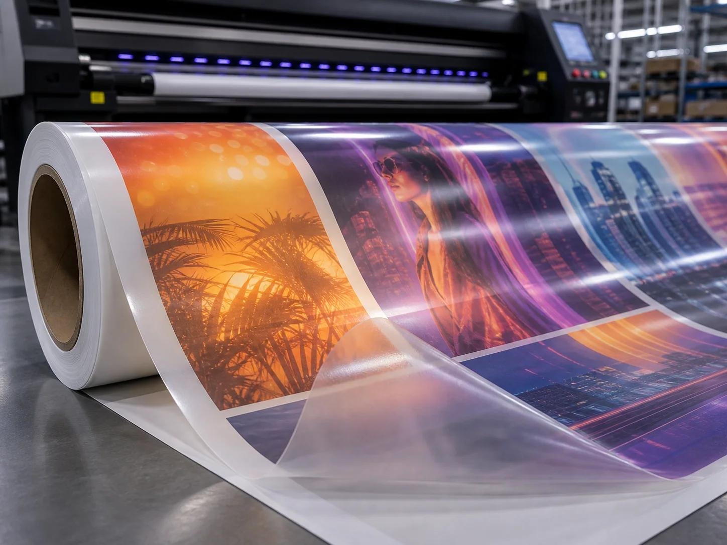 Media hasil digital printing yang melengkung di atas meja produksi percetakan
