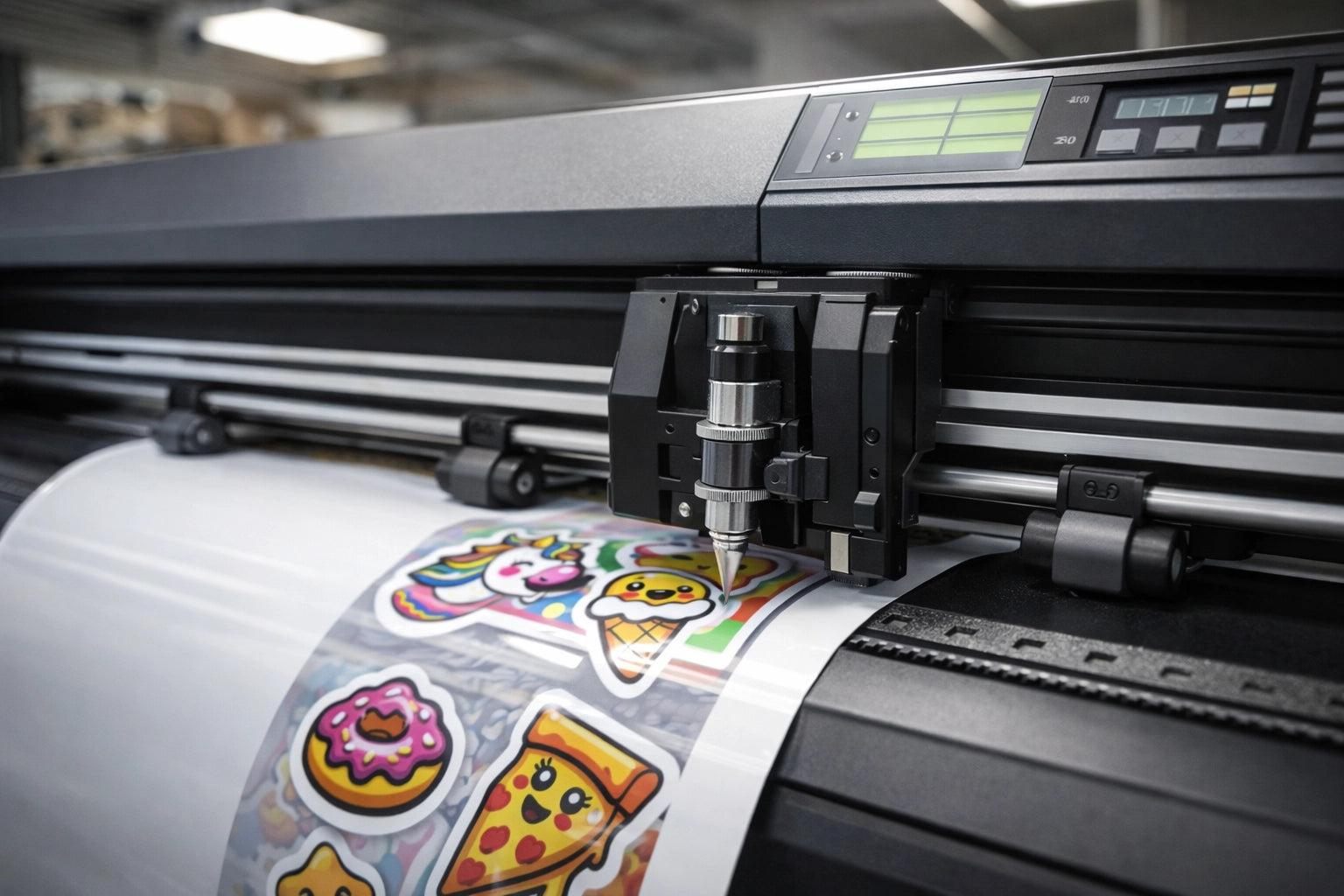 Proses print-and-cut dalam digital printing untuk mencetak dan memotong stiker custom mengikuti bentuk desain